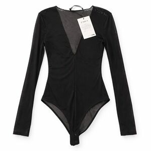 ZARA Sheer Mesh Long Sleeve Bodysuit Black Deep V Size Small NWT